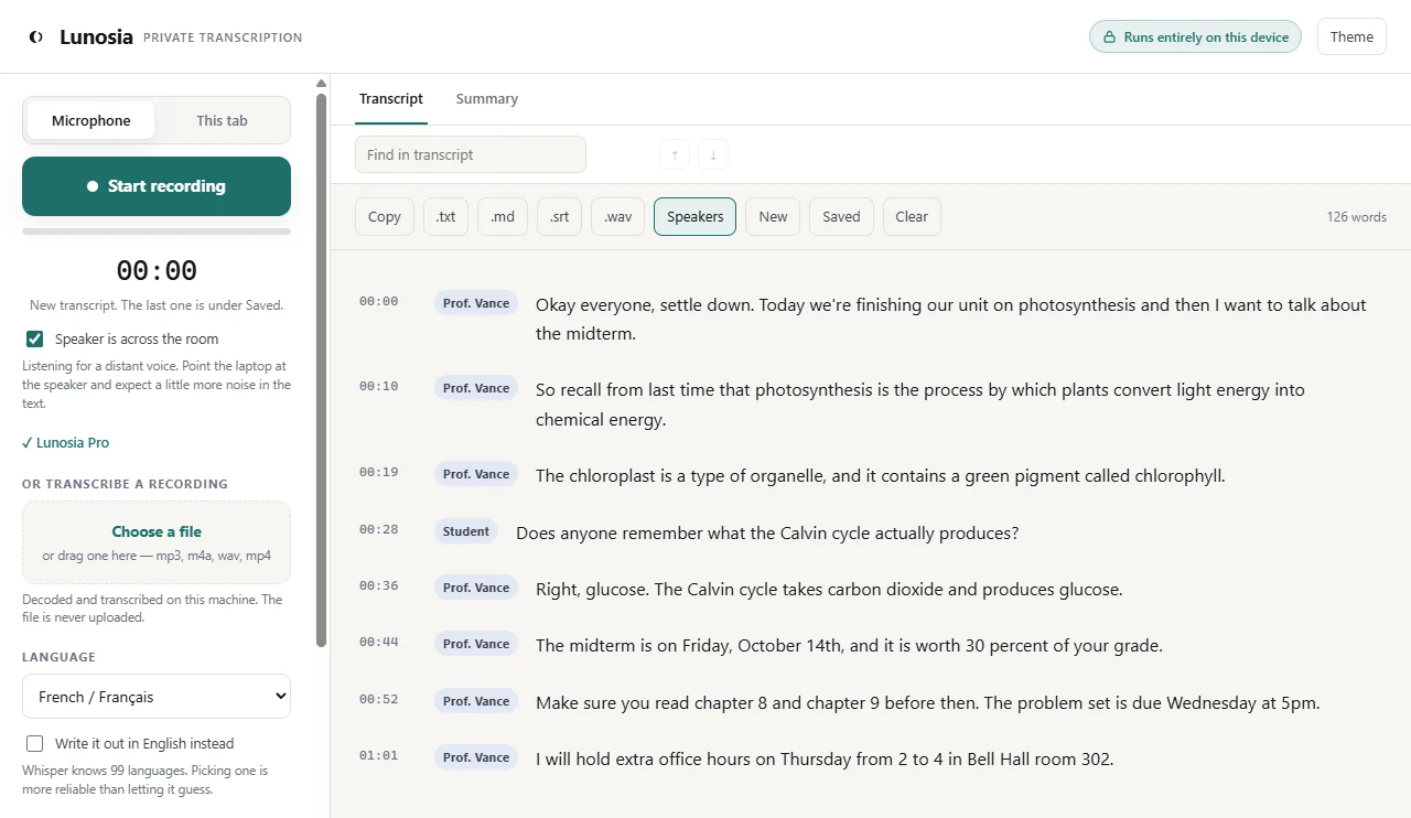 The language selector showing French selected among 99 languages